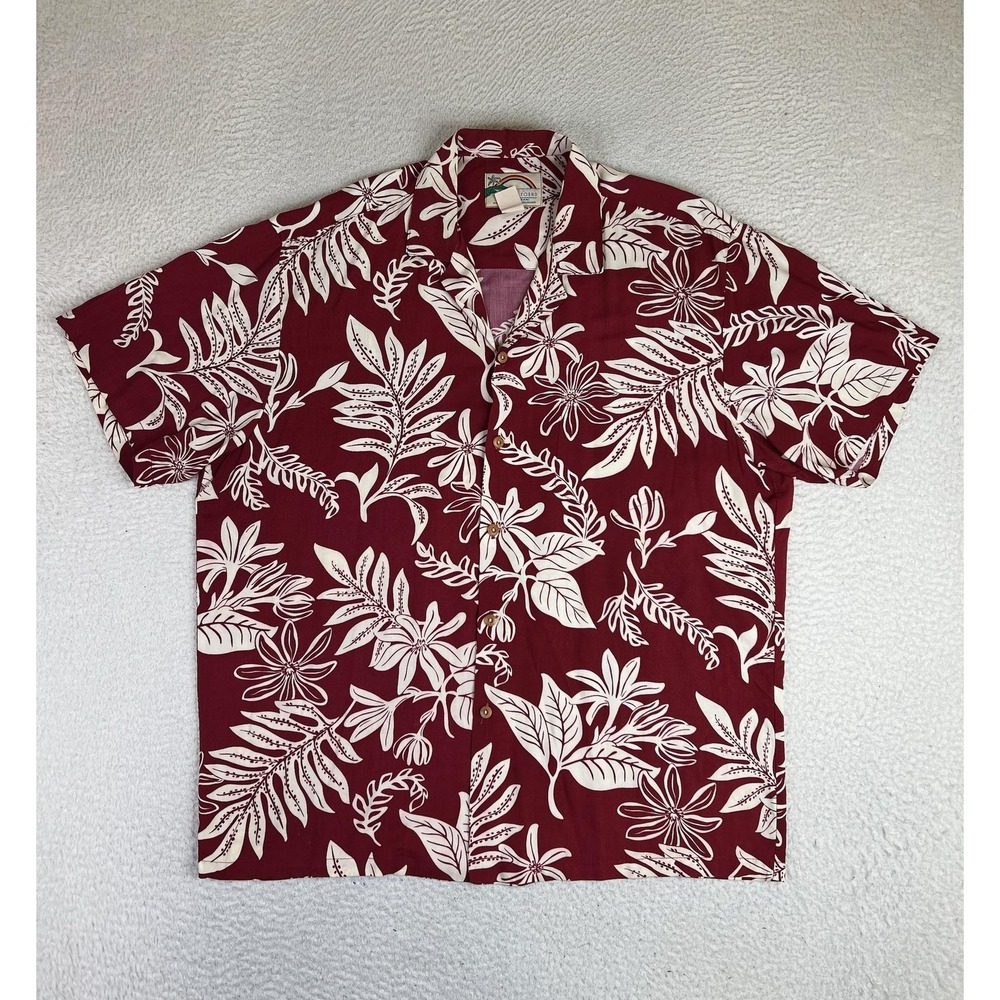 Paradise Found Shirt Mens Large Red Floral Hawaiian Short Sleeve Button Up Rayon